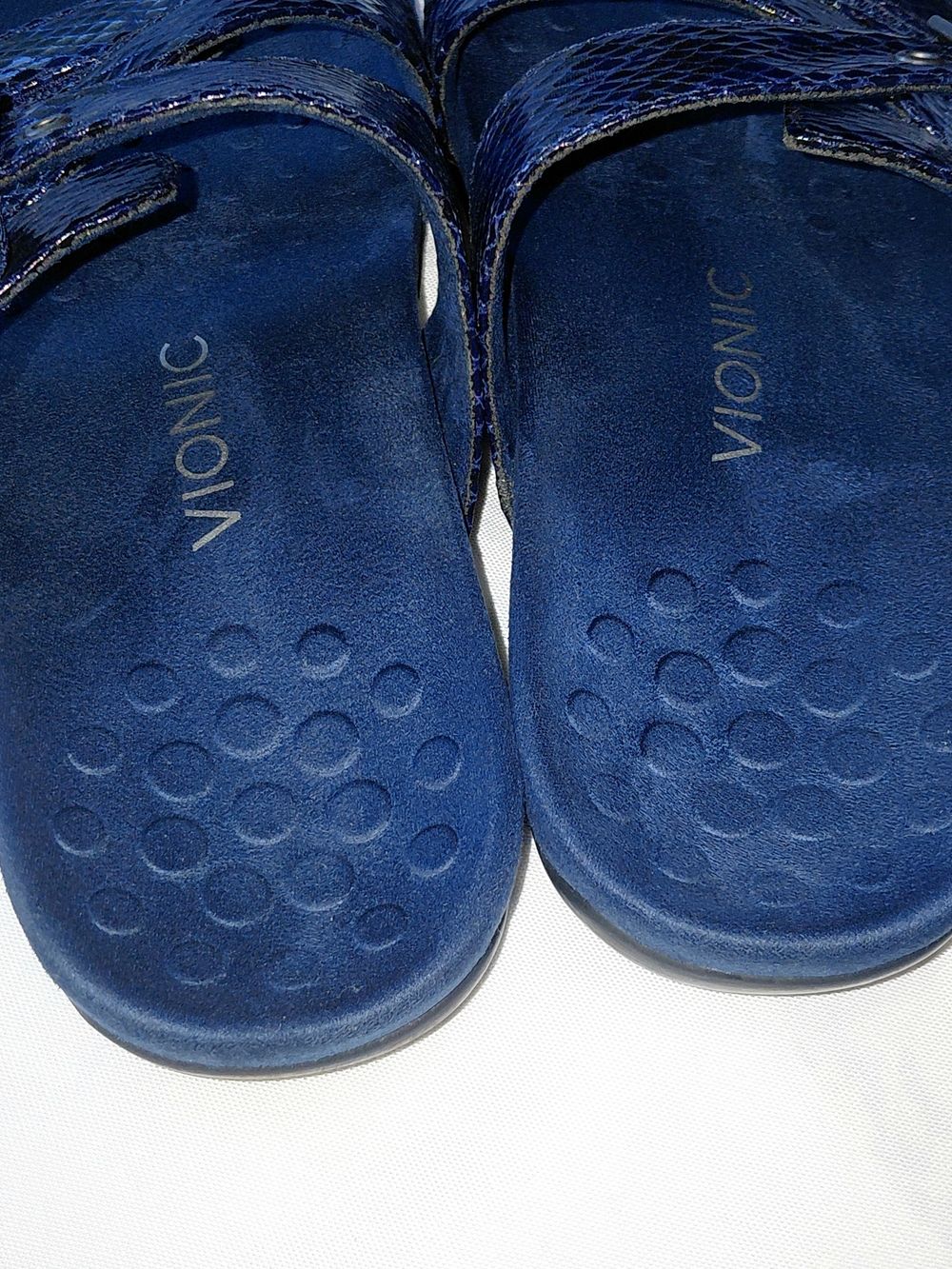 EUC Sz 9 WIde Vionic Skylar Navy Blue Snake-Embossed Leather Slide Sandals - Picture 2 of 10